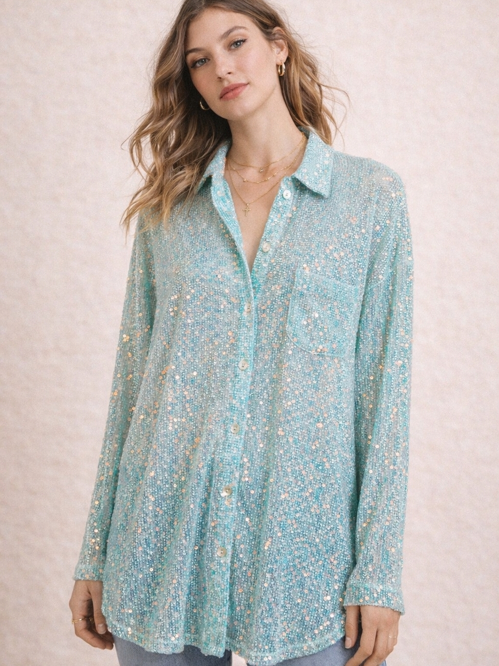 POL Aqua Sequin Button-Down Shirt